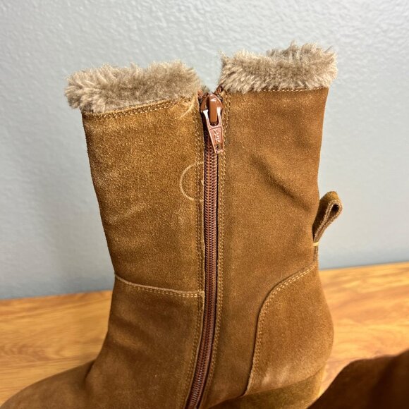 Cafe Noir Suede‎ Cabin Couture Wedge Boots Tan Faux Fur Trim NEW - Picture 5 of 11